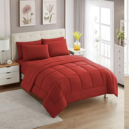 Sweet Home Collection 7 Piece Comforter Set Bag Solid Color All Season Soft Down Alternative Blanket & Luxurious Microfiber Bed Sheets, Red, Twin XL by SweetHomeCollection