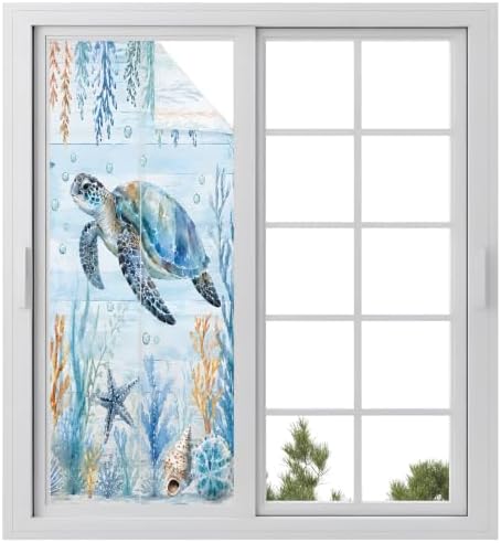 Window Privacy Film Frosted, Sea Turtle Coastal Static Cling Door Window Covering, Blue Ocean Coral Summer Beach Seaweed UV Blocking Windows Film for Office, Hotel, Bedroom, 29.5 x 78.7 Inches by Unknown