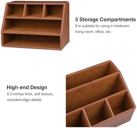 PU Leather Desk Organizer, Remote Control Holder, Brown - Image 5