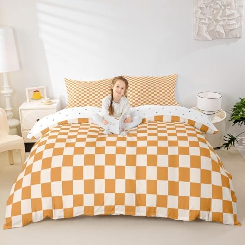 Homewish Orange Yellow Check Duvet Cover Set Twin Size,Geometric Grid Printed Bedding Set 2Pcs for Kids Teens Girls Boys Room Decor,Modern Plaid Comforter Cover Soft Fashion Quilt Cover,1 Pillowcase - Image 4