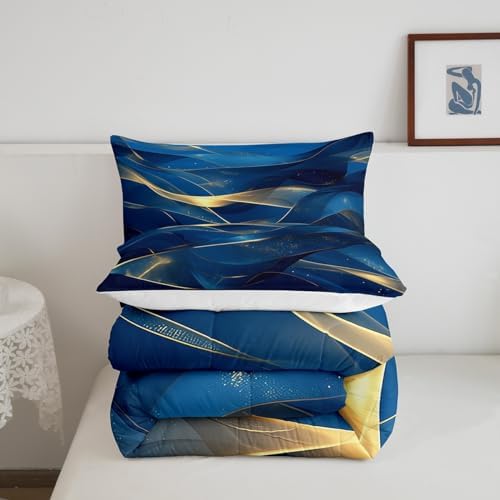 Erosebridal Navy Blue and Gold Comforter Set Full Size,Abstract Marble Aesthetic Bedding Set for Kids Adults Room Decor,Watercolor Abstract Art Quilt Bed Set Modern Style Down Comforter 3Pcs - Image 5