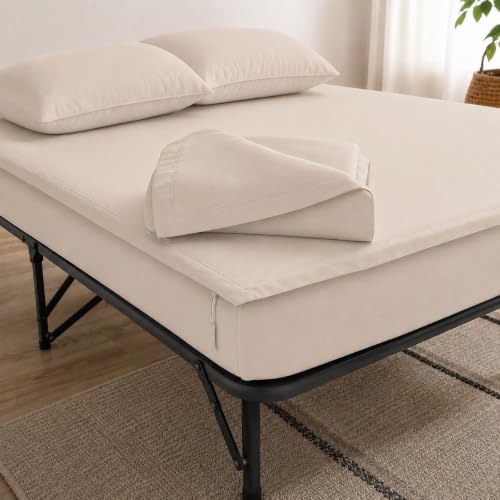 Zipper Cot Fitted Sheet Bundle, 28 x 75 Camping Cot Mattress Sheets, 400 Thread Count 100% Cotton, Includes 1 Wraparound Base, 2 Removable Zipper Top Sheets & 2 Pillowcases, 8 Inch Deep Pocket, Ivory by Unknown