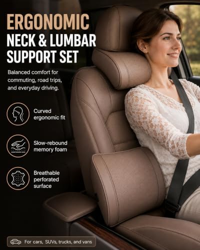 Ergonomic Headrest and Lumbar Support Set for Car Seats, Breathable Perforated Leather Car Pillows, Luxurious Memory Foam Neck Pillow for All Cars, Eases Neck Fatigue for Long Driving(Orange) - Image 2