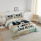 Erosebridal Kids Woodland Bear Bedding Set Happy Camping Camper Twin Comforter Set for Travel Trailers Rv Bunks Camper Quilt Set Rustic Farmhouse Barn Door Duvet Insert 1 Pillow Case Green Blue - Image 3