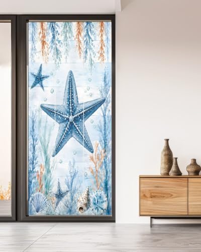 Window Privacy Film Frosted, Coastal Starfish Non-Adhesive Static Cling Window Tint, Blue Ocean Coral Summer Beach Seaweed Insulated Windows Frosted Films for Living Room, 35.4 x 78.7 Inches - Image 5