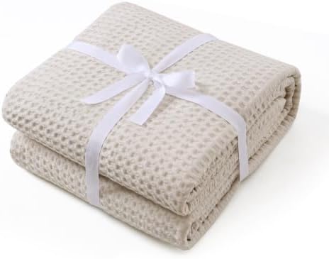 100% Egyptian Cotton Waffle Weave Throw Blanket for Bed Couch Sofa Home Decor, Soft Lightweight Bed & Couch Blanket for All Seasons (Light Khaki - Twin Size - 66 * 90") by ZaizaiHome