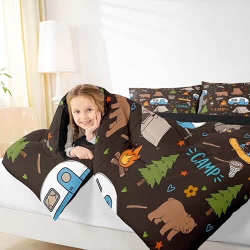 Erosebridal RV Camper Kids Comforter Sets Toddler Size, Forest Theme Camping 2Pcs Bed Set for Girls Boys, Woodland Animal Print Bear Bedding Set, Outdoor Travel Trailer Room Decor - Image 7