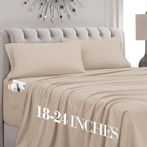 Mocassi Queen Size 4-Piece Bed Sheet Set - 1800 Premium Hotel Quality Microfiber 18-24 Inches Extra Deep Pocket Fitted Sheet- Luxury Soft, Breathable, Wrinkle, and Fade Resistant, Cream by MocassiLuxuryBedding