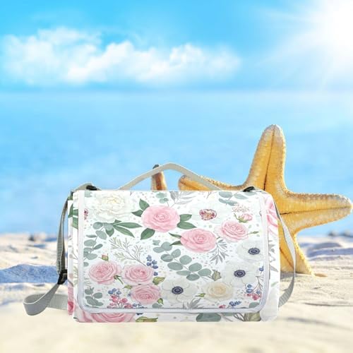MNSRUU Picnic Blanket Waterproof Foldable, Colorful Flowers Peony Large Outdoor Picnic Beach Camping Blanket Travel Mat, Shoulder Strap Tote, Rectangle 57x59in - Image 6