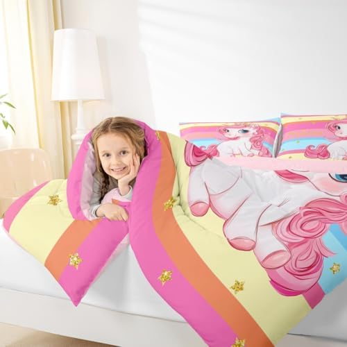 Erosebridal Pink Unicorn Twin Bed Comforter Set for Girls | Princess Rainbow Unicorn Bedding Set Cute Stars Striped Bed Sets Girly Cartoon Horse Quilt Comforter Fantasy Girls Room Decor,2 Pcs - Image 7