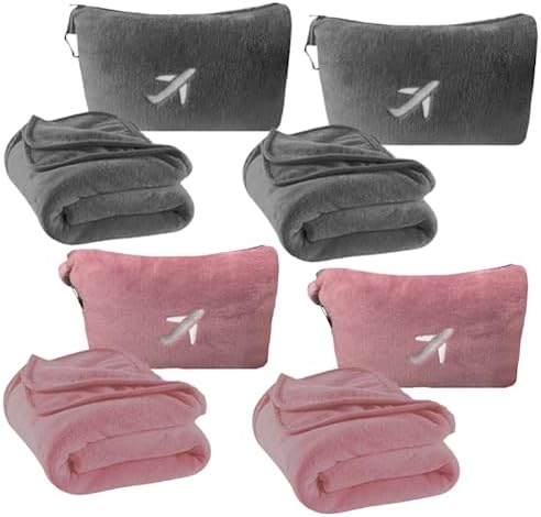 BlueHills Soft 2 Pack Travel Blankets Mini Set of 2 - Premium Airplane Travel Essential Flight Blanket Throw in a case with Strap Compact for Car Plane Travel Gift – Gray and Pink. by BlueHills