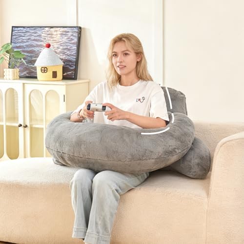 19" Reading Pillow for Bed,U Shaped Arm & Elbow Support,Gray Faux Fur by PAJEO
