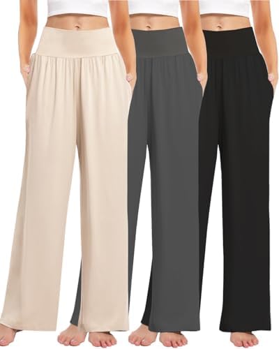 Kivdol 3PACK Women's Casual Loose Wide Leg Cozy Pants Yoga High Waisted Sweatpants Comfy Lounge Pants with Pants with Pockets by Kivdol