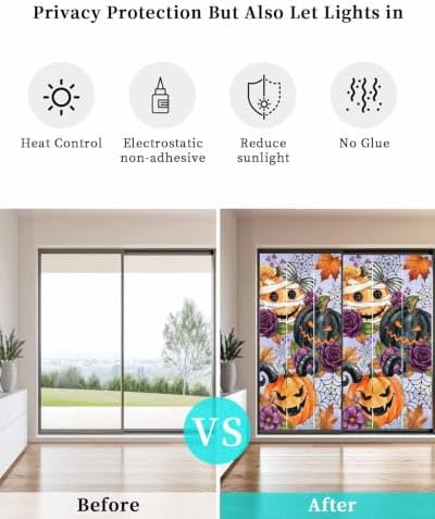 Window Privacy Film Frosted, Pumpkins Halloween Non-Adhesive Static Cling Window Tint, Black Horror Purple Floral Vintage Insulated Windows Frosted Films for Living Room, 35.4 x 78.7 Inches - Image 6