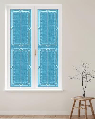 Window Privacy Film Frosted, Azure Blue Botanical Reusable Static Cling Window Tints, Vintage Florals Geometric Minimalist Heat Control Windows Films for Offices, Balcony, 29.5 x 118 Inches - Image 2