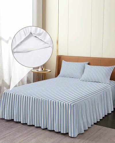 Blue Striped Bed Skirts for Cal King Bed 18 Inches Drop, Wrap Around Bedskirt Dust Ruffle Pleated Bedspread Modern Simple Farmhouse Beige Vintage Fitted Sheet with 2 Decorative Pillowcase 36"x20" - Image 4