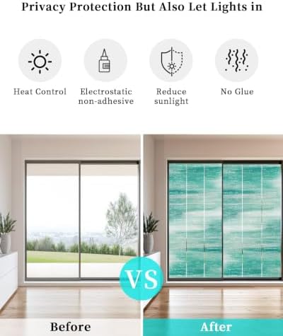 Window Privacy Film Frosted, Green Ombre Non-Adhesive Static Cling Window Tint, Modern Minimalist Abstract Gradient Art Insulated Windows Frosted Films for Living Room, 35.4 x 78.7 Inches - Image 6