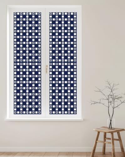 Window Privacy Film Frosted, Blue White Plaid Reusable Static Cling Window Tints, Modern Abstract Geometric Lattice Heat Control Windows Films for Offices, Balcony, 29.5 x 118 Inches - Image 2