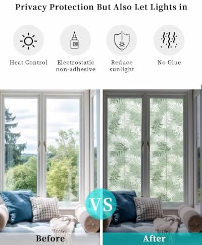 Window Privacy Film Frosted, Green Botanical Reusable Static Cling Window Tints, Summer Palm Leaves Foliage Tropical Heat Control Windows Films for Offices, Balcony, 29.5 x 118 Inches - Image 6