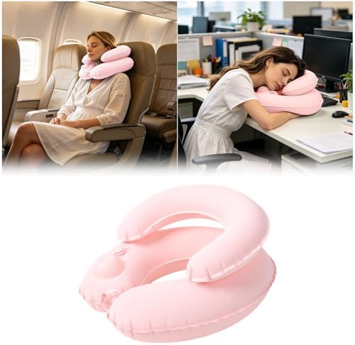 Double-Layer Inflatable Neck Pillow, Press-to-Inflate U-Shaped Pillow, Portable Neck Support for Office Trip Travel, Pink - Image 5