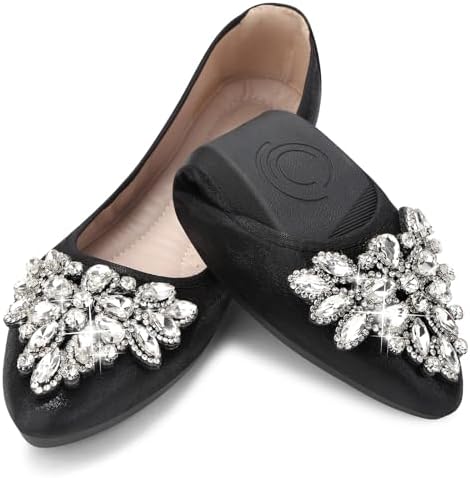 KUNWFNIX Women Ballet Flats Rhinestone Wedding Ballerina Shoes Foldable Sparkly Comfort Slip on Flat Shoes by KUNWFNIX