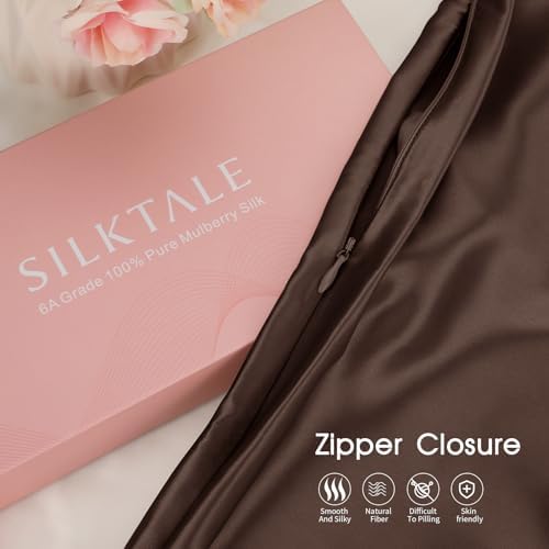 100% Mulberry Silk Pillowcase for Hair and Skin,Both Sides Natural Silk Bed Pillow Case with Hidden Zipper,19 Momme Grade 6A,1pc,Brown,Standard Size 20x26 Inches - Image 2