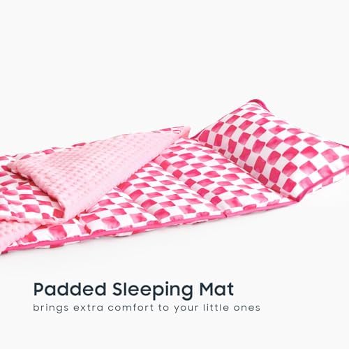 Wake In Cloud - Toddler Nap Mat with Pillow and Minky Fleece Blanket, for Kids Boys Girls Ages 3 Plus in Daycare Preschool, Roll Up Sleeping Bag, Gingham Grid Checkered, Hot Pink White, Standard - Image 5