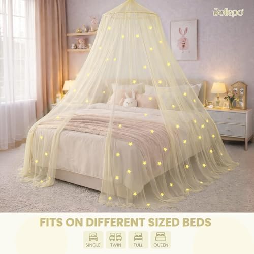 Bollepo Yellow Bed Canopy for Girls with Glowing Stars - Princess Yellow Baby Canopy for Bed, Netting Room Decor, Ceiling Tent, Canopy | Single, Twin, Full, Queen Size Kids Bed - Image 2