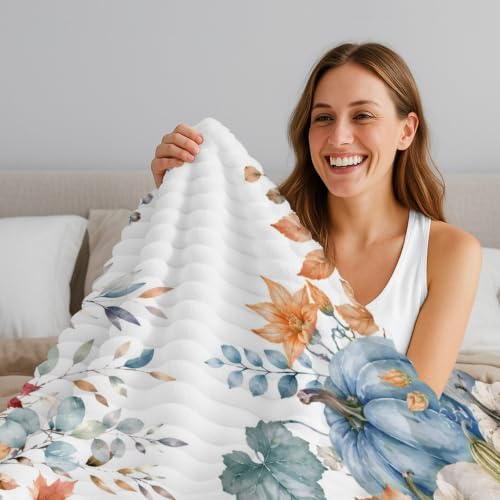 Fall Blue Pumpkins Throw Blanket, Thanksgiving Fluffy Soft Blankets for Couch Bed Travel, Autumn Orange Maple Leaves Plush Microfiber Striped Flannel Blankets, Lightweight Sofa Blankets 50"x60" - Image 4