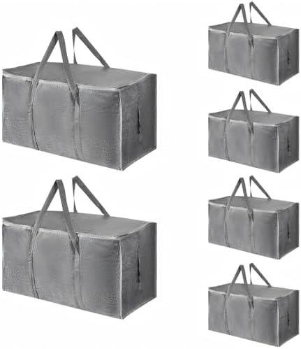 6 Pack-Extra Large Heavy Duty Moving Bags - Waterproof Storage Totes with Handles & Zippers, Foldable for College Dorm, Storage (Gray) by Unknown