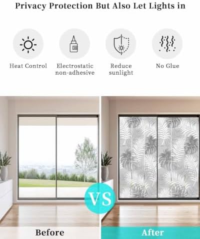 Window Privacy Film Frosted, Grey Palm Trees Tropical Non-Adhesive Static Cling Window Tint, Summer Beach Botanical Insulated Windows Frosted Films for Living Room, 35.4 x 78.7 Inches - Image 6