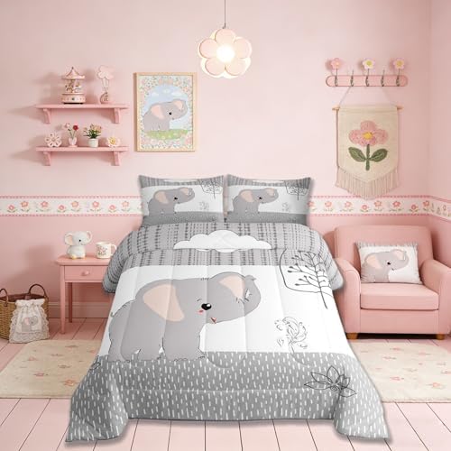 Castle Fairy Cartoon Elephant Bedding Set King Size,Kawaii Cute Wild Animal Comforter Set Room Decor for Home,Grey White Tree Cloud Flower Microfiber Down Comforter,with 2 Pillowcases by CastleFairy