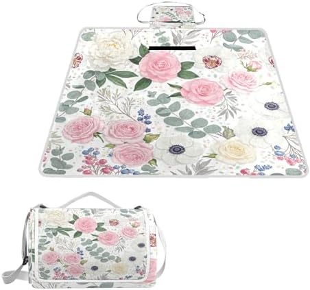 MNSRUU Picnic Blanket Waterproof Foldable, Colorful Flowers Peony Large Outdoor Picnic Beach Camping Blanket Travel Mat, Shoulder Strap Tote, Rectangle 57x59in by MNSRUU