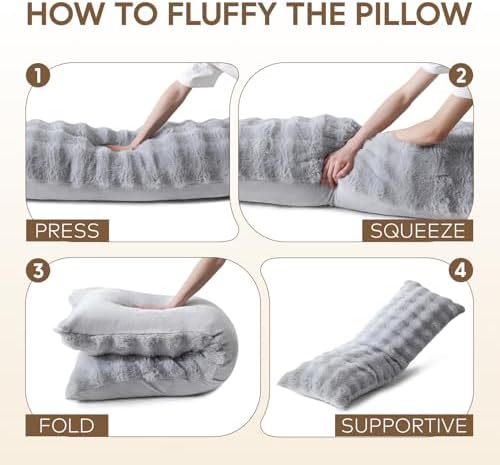 DOWNCOOL Premium Large Body Pillow Insert with Faux Rabbit Fur Cover - Large Full Body Pillows for Adults - Soft Long Bed Pillows for Side Sleepers - 20x54 inch (Grey, with Cover) - Image 7