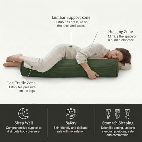 Long Pillow for Bed – Corduroy Round Bolster Pillow for Adults, Decorative Body Pillow for Sleeping or Sofa Support,59 x 7.87 Inches,Avocado Green - Image 3