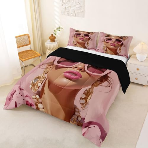 Erosebridal Pink Black Girls King Comforter Set Luxury African American Bedding Set for Girls Women Modern Fashion Woman Room Decor Afro Black Woman Duvet Insert (1 Comforter, 2 Pillowcases) - Image 3