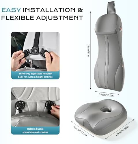 Coverado Memory Foam Car Seat Cushion and Lumbar Support Headrest Pillow, 2-in-1 Integrated Ergonomic Back Support Neck Pillow, Breathable Seat Cushion for Sciatica Back Tailbone Pain Relief, Gray - Image 6