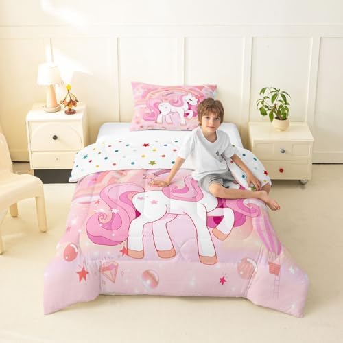 Erosebridal Unicorn Bedding Set for Girls Twin Kawaii Rainbow Unicorn Comforter Set Bedroom Decor for Girls Kids Cartoon Horse Duvet Insert Ombre Stars Quilt Comforter Pink 2 Pcs - Image 5
