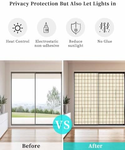 Window Privacy Film Frosted, Beige Brown Plaid Static Cling Door Window Covering, Vintage Farmhouse Checkered Rustic UV Blocking Windows Film for Office, Hotel, Bedroom, 29.5 x 78.7 Inches - Image 6