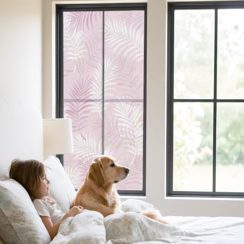 Window Privacy Film Frosted, Pink Botanical Static Cling Door Window Covering, Summer Palm Leaves Foliage Tropical UV Blocking Windows Film for Office, Hotel, Bedroom, 29.5 x 78.7 Inches - Image 2