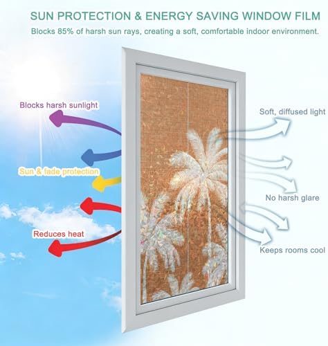 Burnt Orange Palm Trees Window Privacy Film Rainbow Static Cling Stain Glass Window Film for Glass Door, Heat Blocking Sunroof Decal Sticker for Car 29.5"x118" Farmhouse Tropical Summer Beach - Image 4