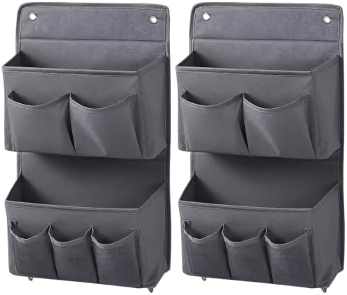 2 Pcs Wall Hanging Organizer with 4 Hooks, Oxford Fabric Over the Door Organizer, Multi Layer Mesh Pockets for Bedside Dormitory Bedroom, Space Saving Storage Bag for Books Electronics Grey by Unknown