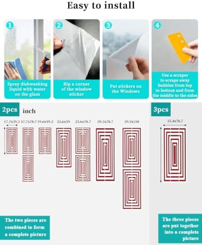 Window Privacy Film Frosted, Red White Geometric Reusable Static Cling Window Tints, Square Minimalist Modern Heat Control Windows Films for Offices, Balcony, 29.5 x 118 Inches - Image 4