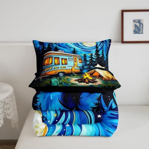 Erosebridal Happy Camping King Bedding Set Galaxy Stars Moon Comforter Set for Kids Boys Girls Camper Car Bed Comforter Sets Rustic Adventure Quilt Duvet - Image 7