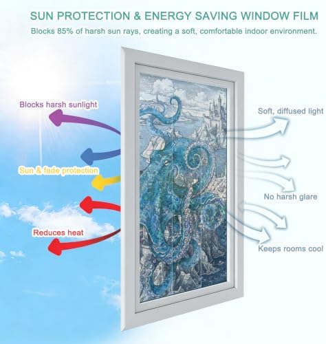 Ocean Blue Octopus Window Privacy Film Rainbow Static Cling Stain Glass Window Film for Glass Door, Decorative Sunroof Decal Sticker for Car 35.4"x78.7" Nautical Castle Coastal Lighthouse - Image 4