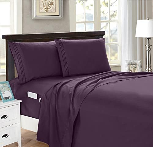 Elegant Comfort 4-Piece Solid Smart Sheet Set-Deep Pocket Fitted Sheet with Side Storage Pockets-Silky Soft 1500 Thread Count Egyptian Quality Microfiber, Wrinkle and Fade Resistant, Queen, Purple - Image 3