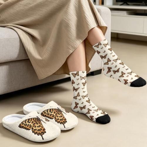 Jeiento Fuzzy Slippers and Crew Sock Set for Women Men Couple Warm Cozy Memory Foam House Shoes Soft Slip-on Slides for Home,Travel - Image 4