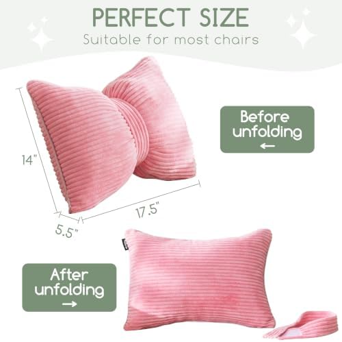 HIGOGOGO Lumbar Support Pillow for Recliner Chair, Bow Knot Shaped Back Support Cushion, Striped Corduroy Soft Decorative Lumbar Pillow for Office Chair, Sofa, Car, Bed, Living Room - Pink - Image 2