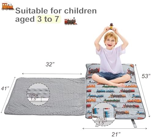 Viviland Toddler Nap Mat with Pillow and Minky Blanket,Rolled Large Sleeping Mat for Boys,Kids Slumber Bag Nap Mat for Preschool, Daycare, Kindergarten, Travel Camping - Train Magic - Image 5