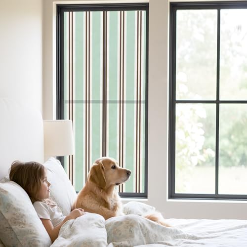 Window Privacy Film Frosted, Light Green Brown Striped Static Cling Door Window Covering, Modern Farmhouse Vertical Stripes UV Blocking Windows Film for Office, Hotel, Bedroom, 29.5 x 78.7 Inches - Image 2